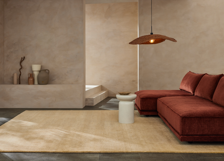 Beiger Teppich mit roter Couch